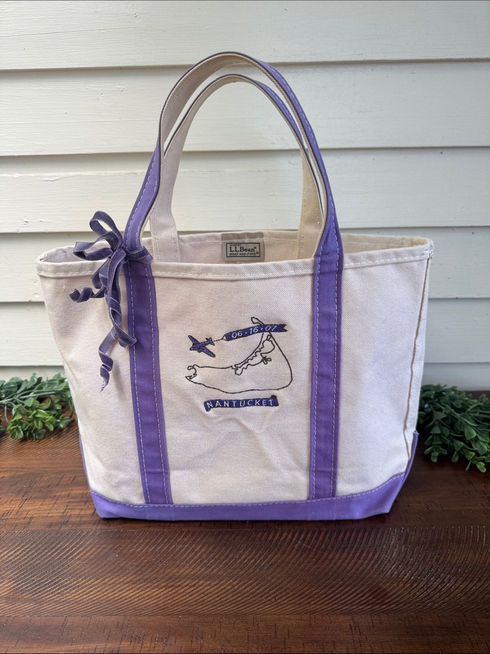 Vtg L.L. Bean Canvas Tote with Purple Trim and Embroidery